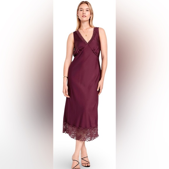 NWTSđź’“THE OCCASION LGđź’“ELITE LINE DEEP CHERRY SATIN & LACE SLEEVELESS MIDI DRESS - Picture 2 of 16